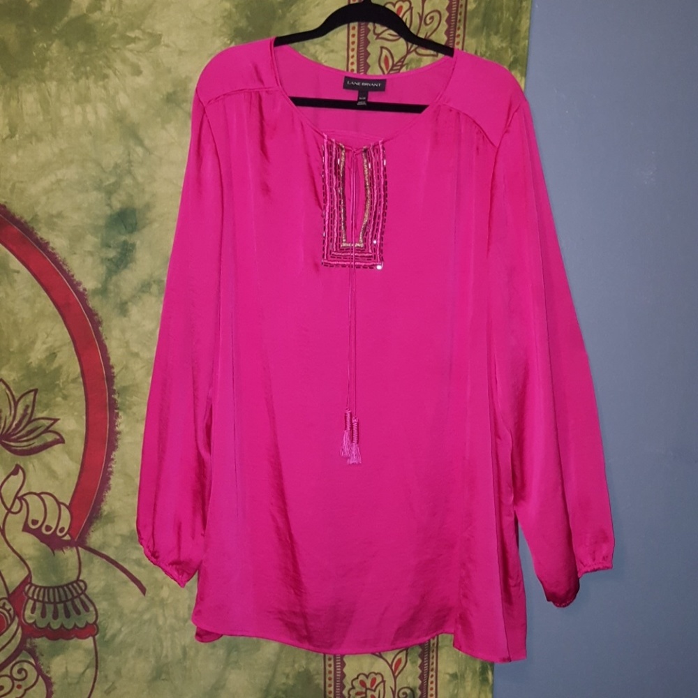 Lane Bryant vibrant pink long sleeve peasant top